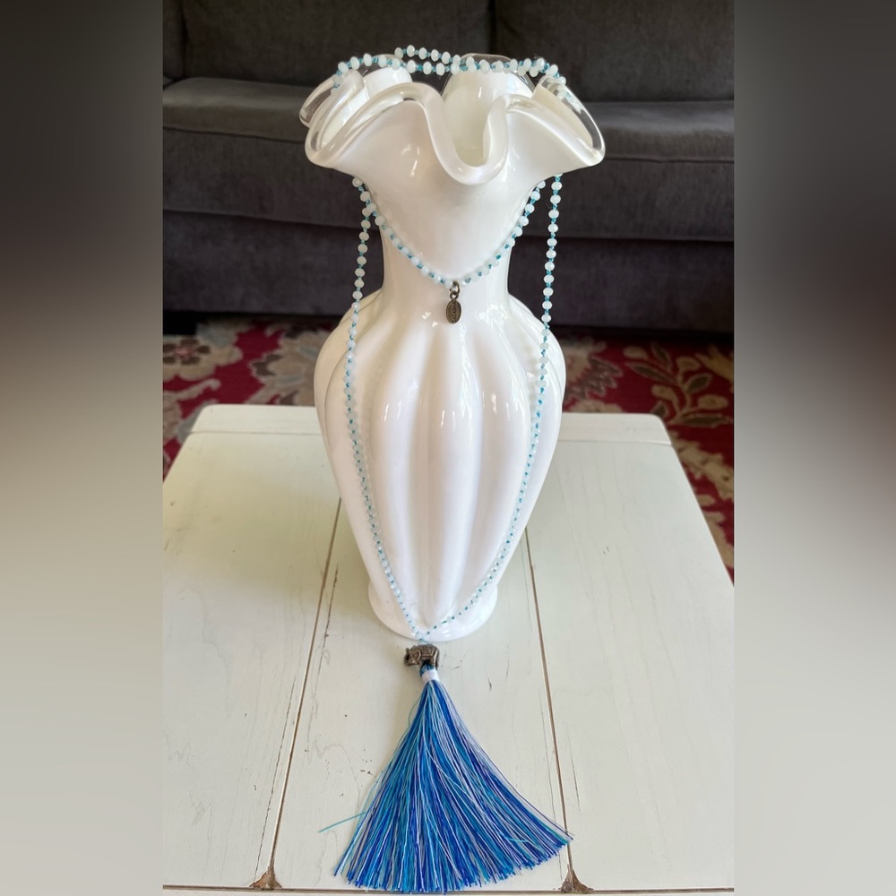 Zacasha Light Blue and Aqua Beaded Tassel Necklace with Elephant Charm